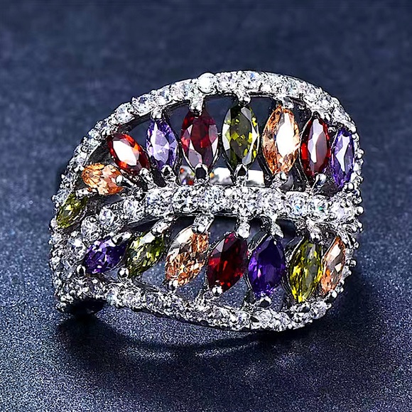 18K Gold Plated Rainbow Ring, Marquis Cut, Zircon, Multicolor - Picture 4 of 7